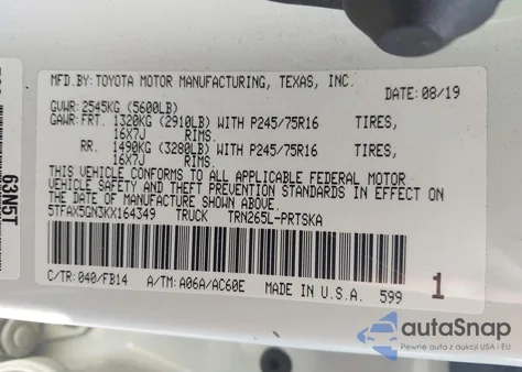 2019 Toyota Tacoma Sr from USA, damaged, VIN 5TFAX5GN3KX164349